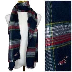 Hollister Plaid Scarf Navy Red White Blue Fringe Embroidered Logo Y2K Preppy